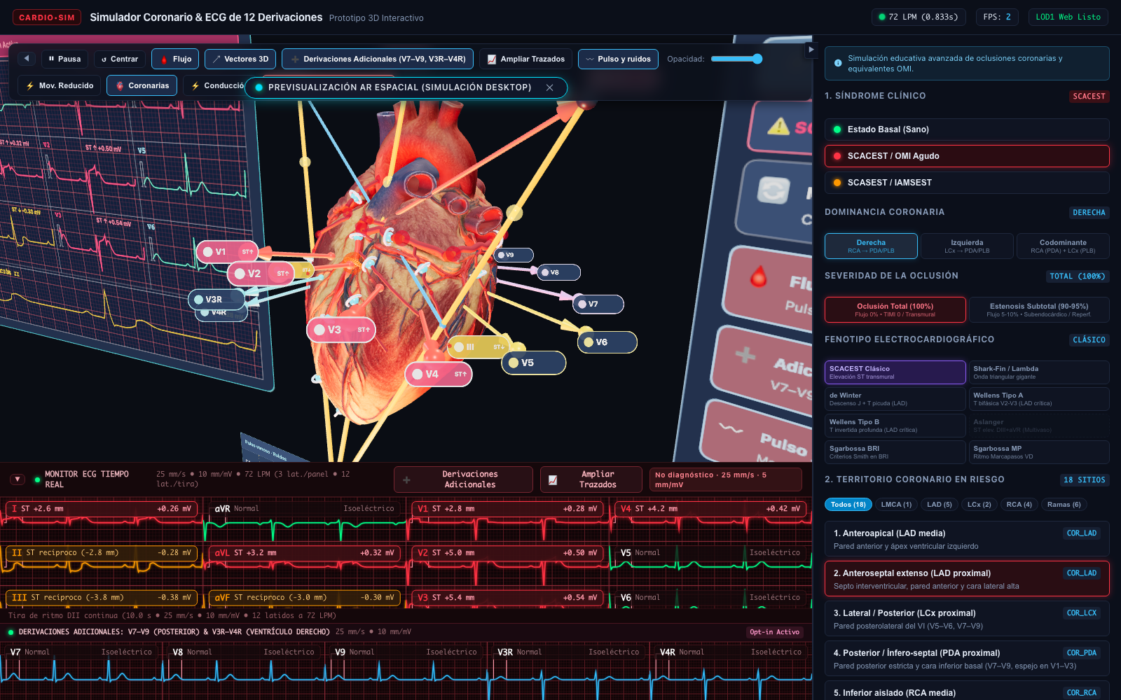 Vectores de derivación electrocardiográfica 3D en el espacio torácico